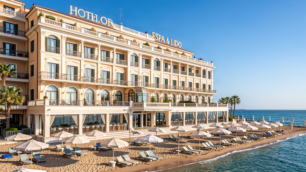 Seafront facade of Hotel Excelsior SPA & Lido on the Adriatic coast, Pesaro, Italy