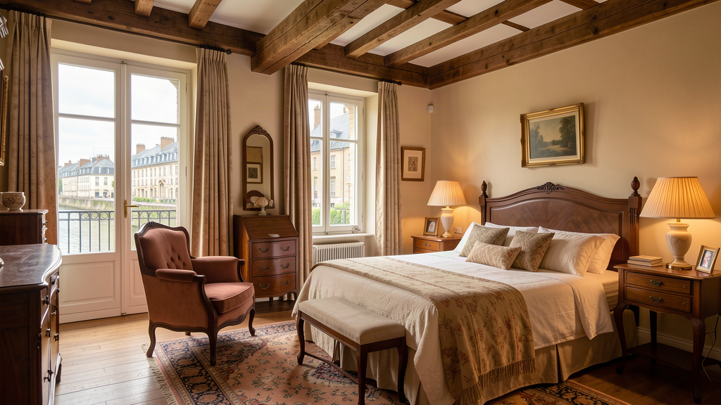 Cozy boutique hotel interior with river view in Angers