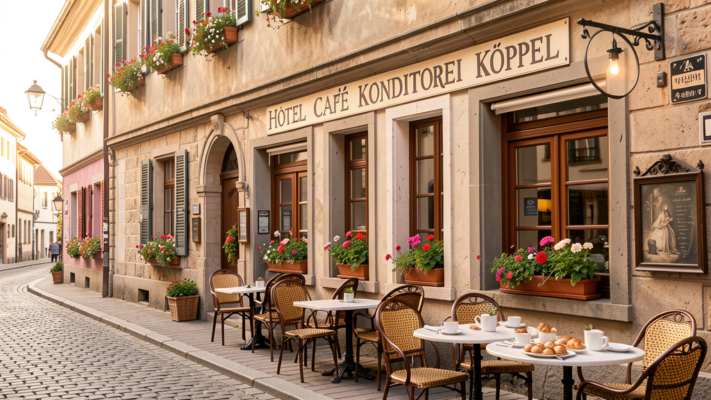 Hotel Café Konditorei Köppel facade and cafe tables in Bingen am Rhein