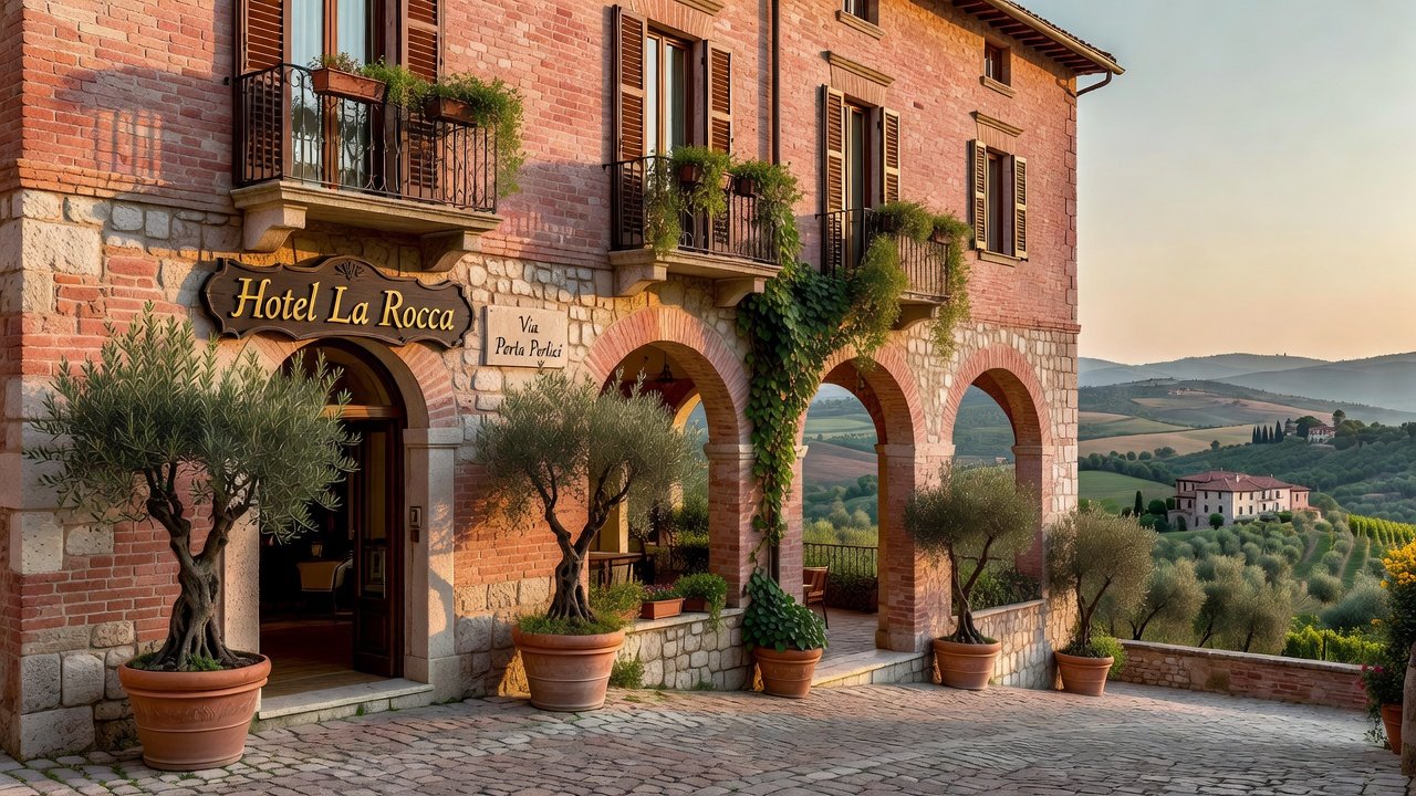 Stay: Hotel La Rocca stone facade with olive pots