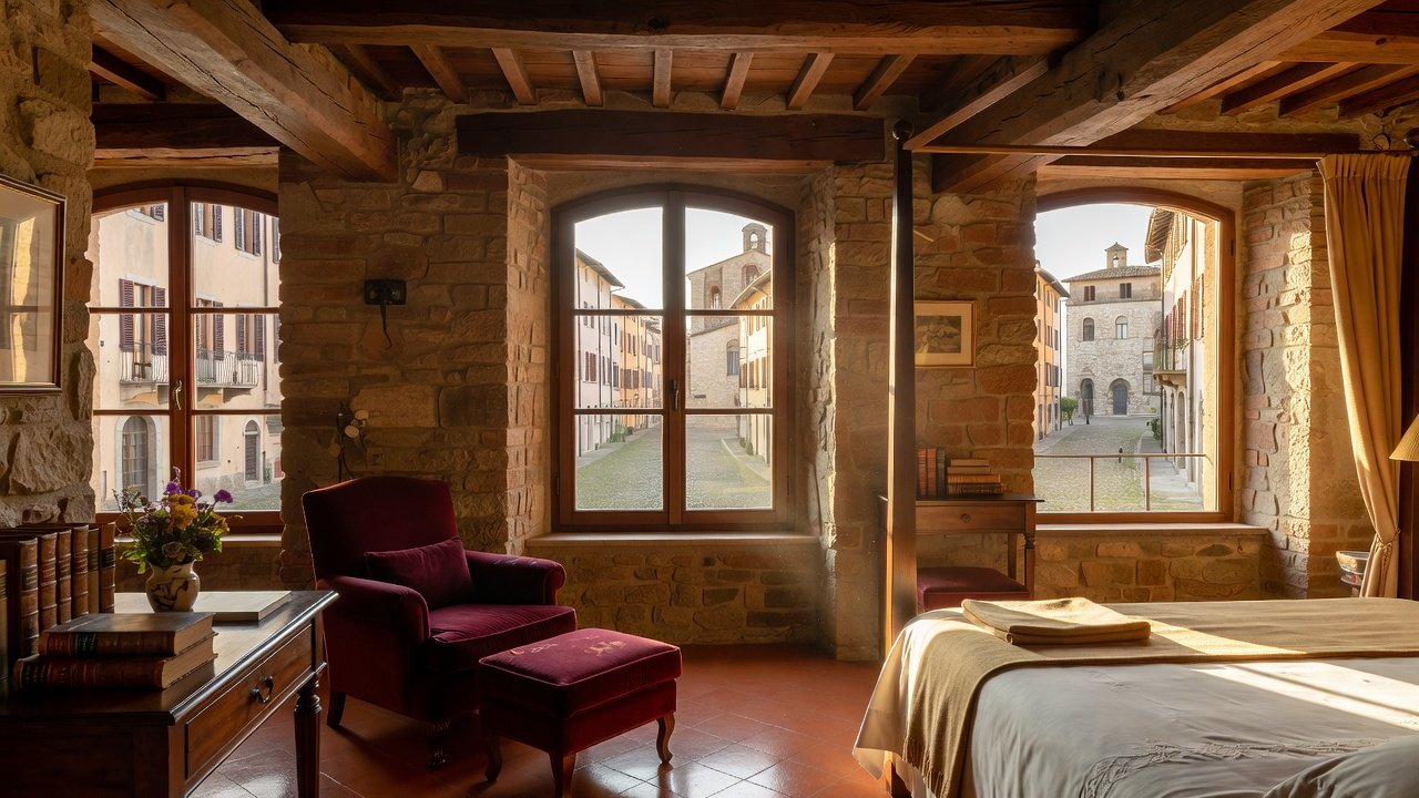 Historic stone room at Hotel Palazzo Brunamonti overlooking Corso Matteotti