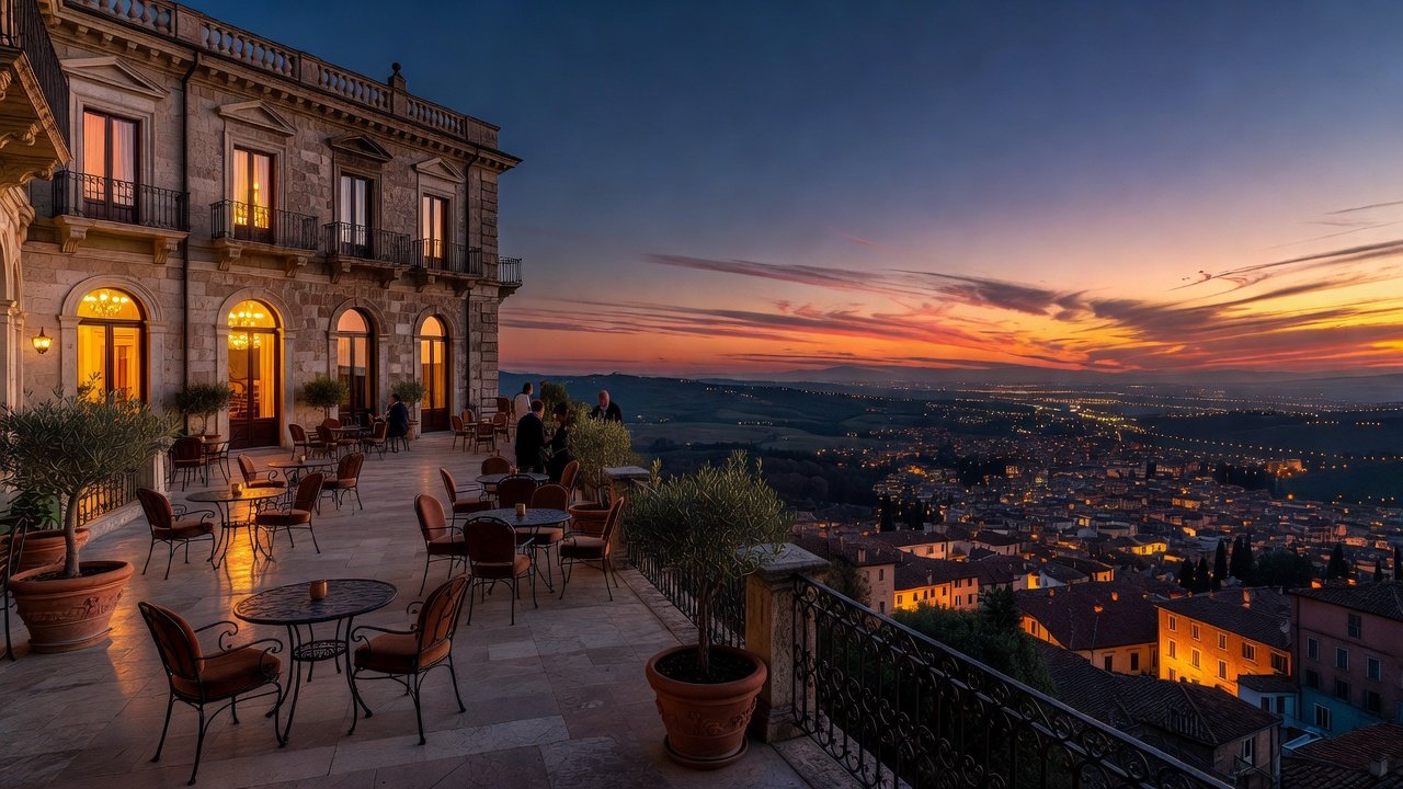 Sina Brufani hotel rooftop terrace with Umbrian valley view at dusk