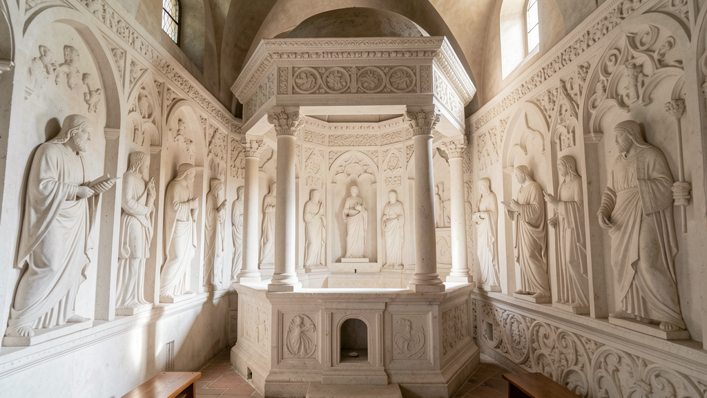 Pale Lombard stucco figures inside the Tempietto Longobardo in Cividale del Friuli