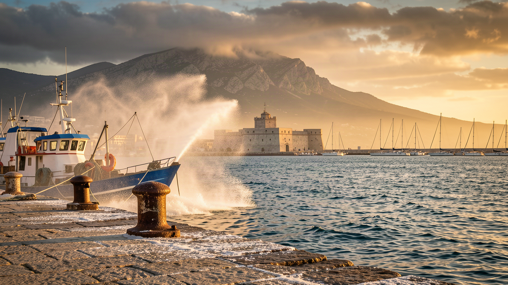 Salt spray on the jetty at Port Saint-Louis with Fort Saint-Louis and Mont Faron beyond, Toulon