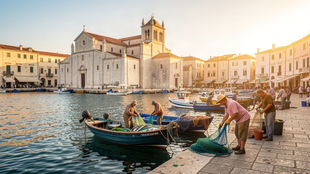 Morning at Trani working porto with fishermen and cathedral