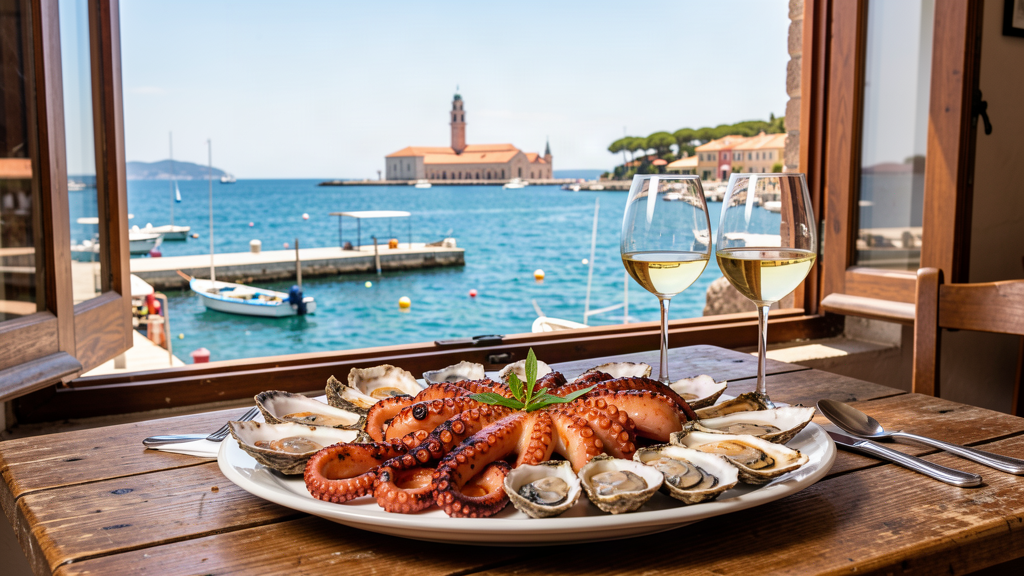 Fresh seafood platter at Trani harbor osteria with cathedral view
