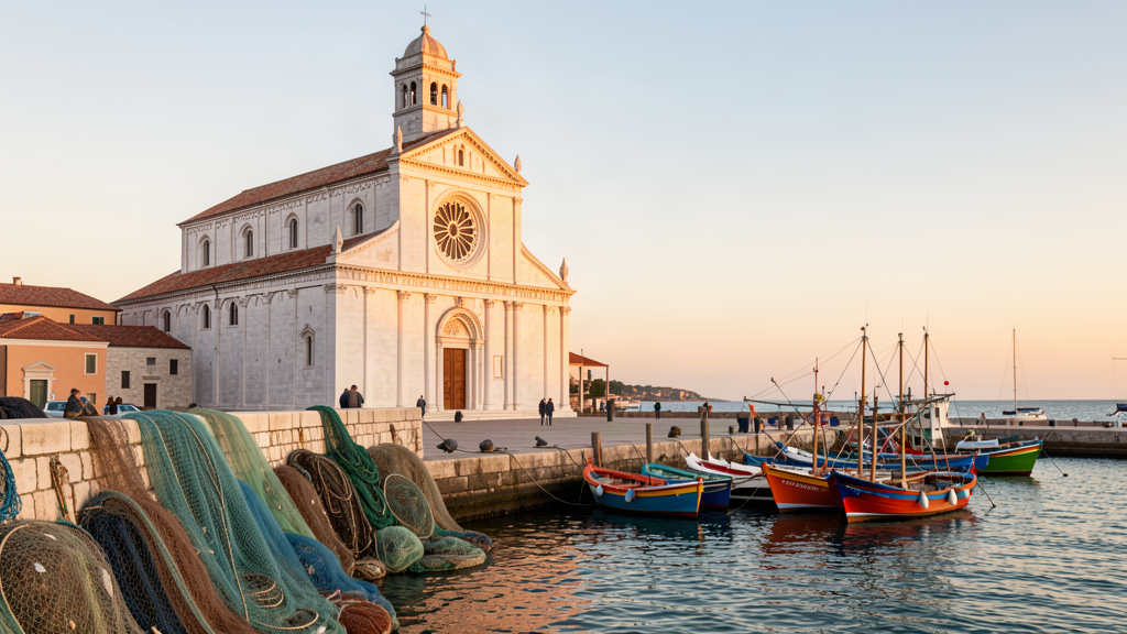 Fishing nets drying beside San Nicola Pellegrino cathedral in Trani harbor