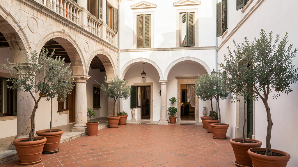 Historic palazzo hotel courtyard in Trani old town
