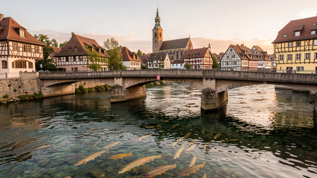 Trout holding station in clear current under Forellenbrücke in Ulm's Fischerviertel