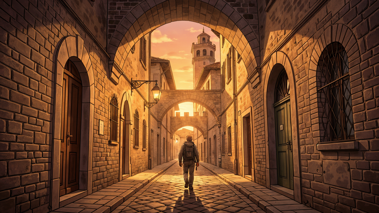 Wanderer in medieval San Pellegrino alleys of Viterbo at sunset