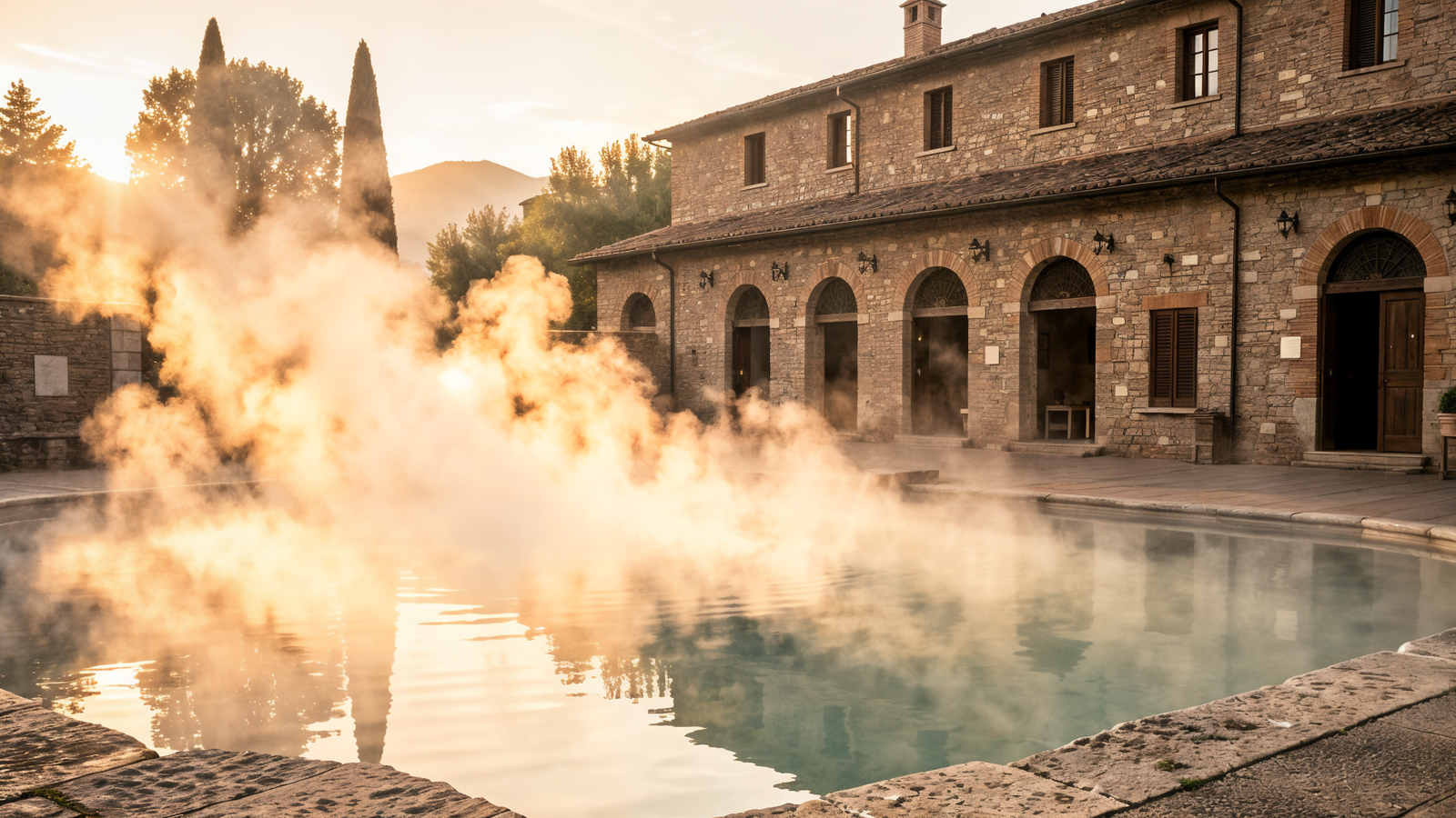 Steam rising from thermal pools at Terme dei Papi, Viterbo at golden hour