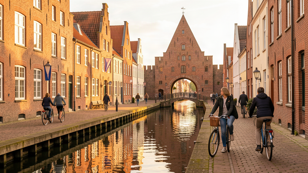 Walking the Grube canal toward Wassertor gate in Wismar