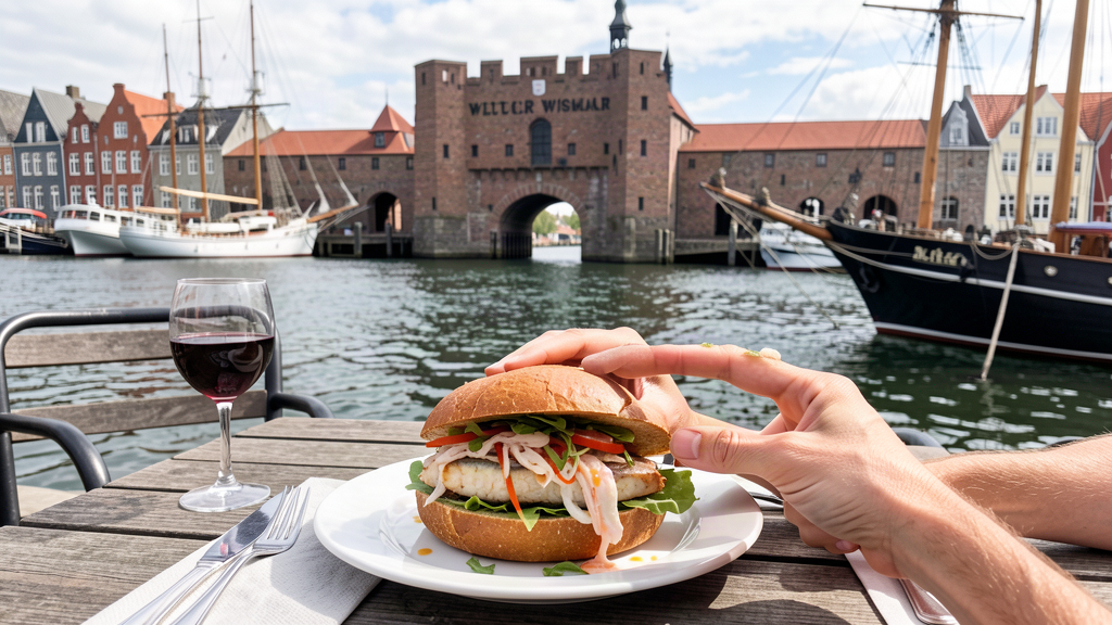 Fischbrötchen at Alter Hafen with Wassertor in background, Wismar