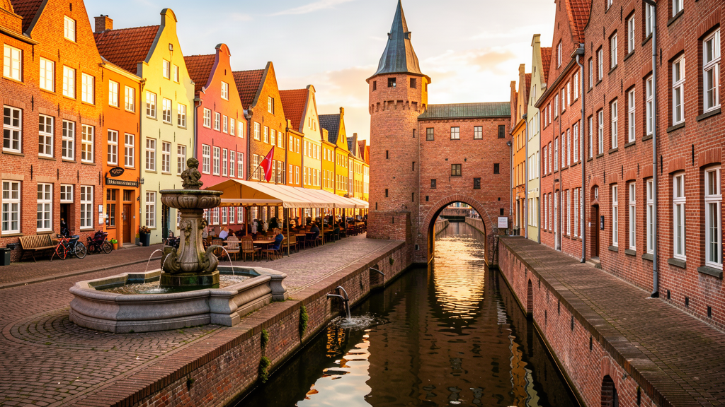Markt Wasserkunst fountain and gabled houses leading down the Grube to Wassertor in Wismar