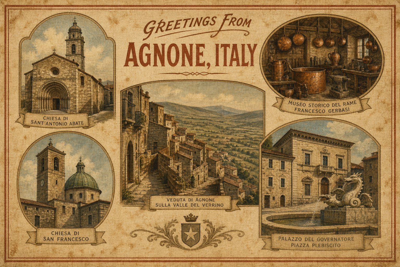 agnone-Italy-postcard - The Travel Bloggers Vintage postcard collage titled 'Greetings from Agnone, Italy' featuring key landmarks of Agnone (Chiesa di Sant'Antonio Abate, Chiesa di San Francesco, Museo del Rame, Palazzo del Governatore) and valley view.