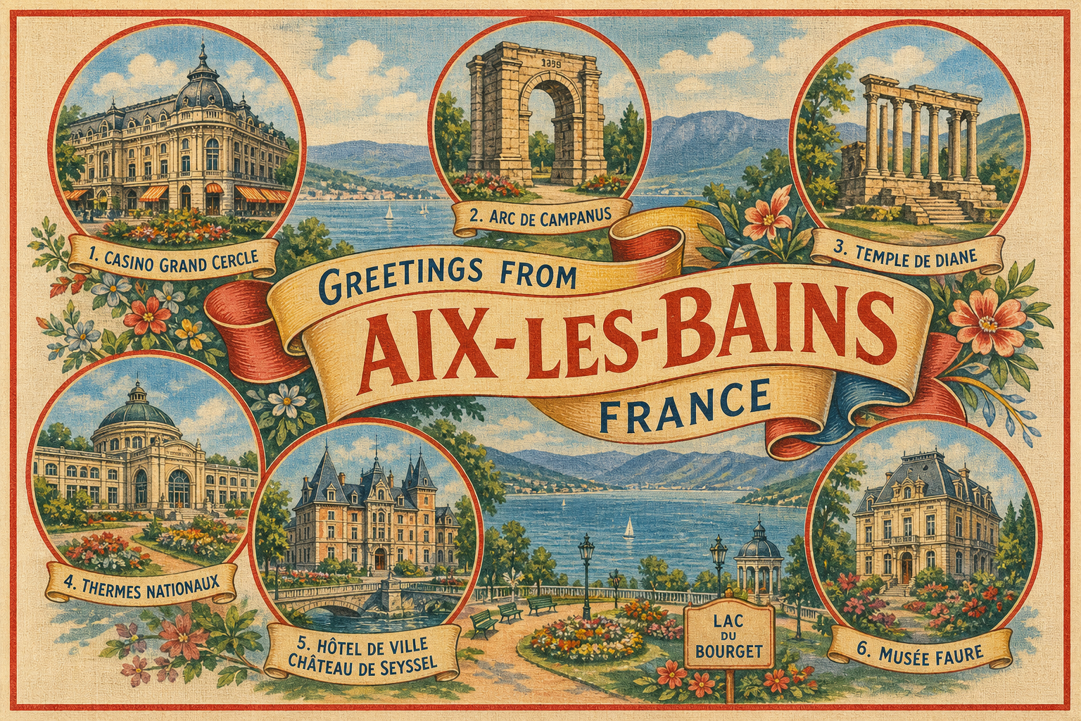 Vintage postcard of Aix-les-Bains showing six circular landmarks around a central banner, including Casino Grand Cercle, Arc de Campanus, Temple de Diane, Thermes Nationaux, Hôtel de Ville/Château de Seyssel, and Musée Faure by a lake and mountains.