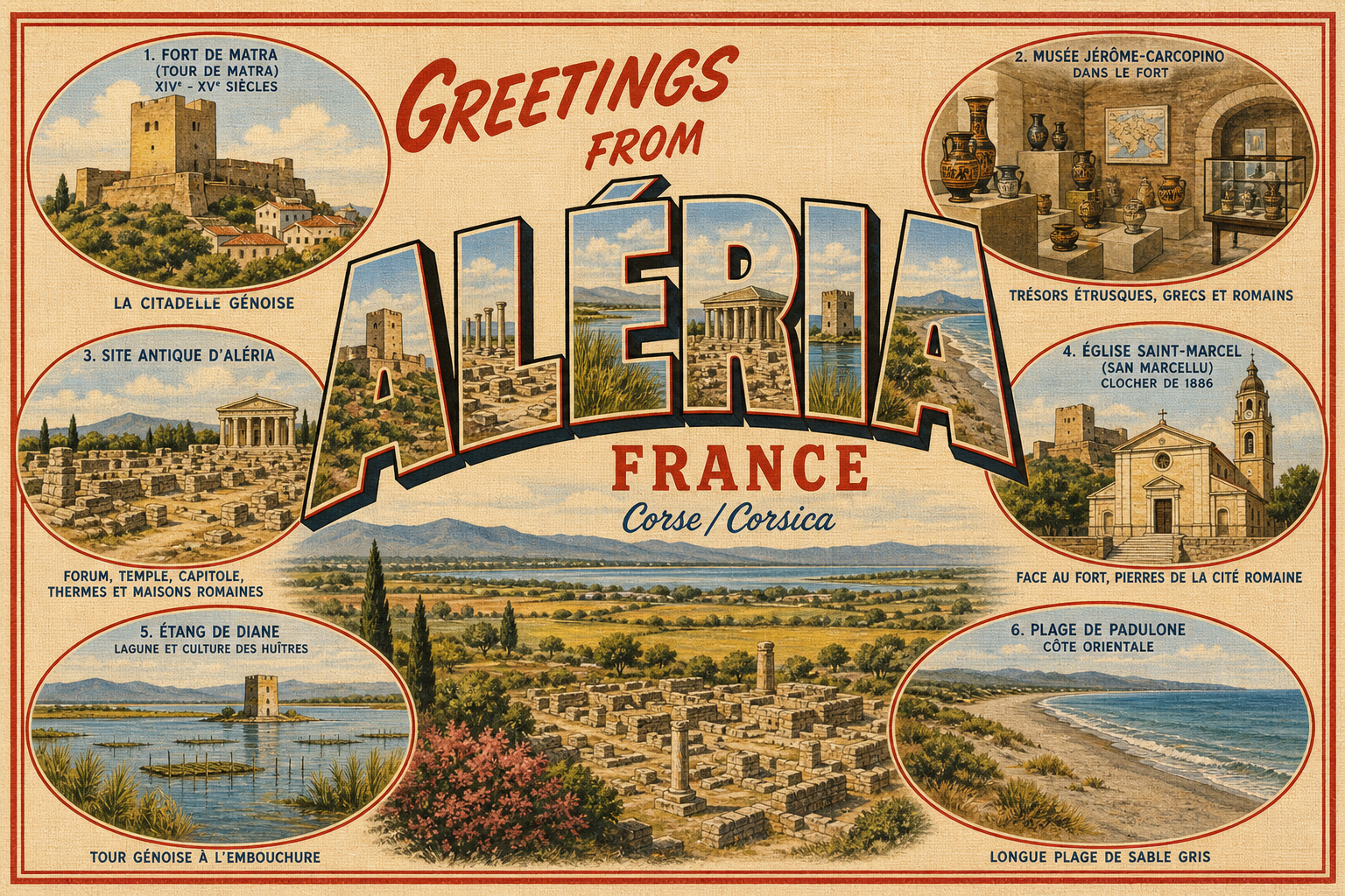 aleria-France-postcard - The Travel Bloggers Retro postcard promoting Aléria, France (Corsica): large stylized 'ALÉRIA' lettering over a coastal landscape, with six circular insets of historic sites and beaches and the heading 'Greetings from' above.