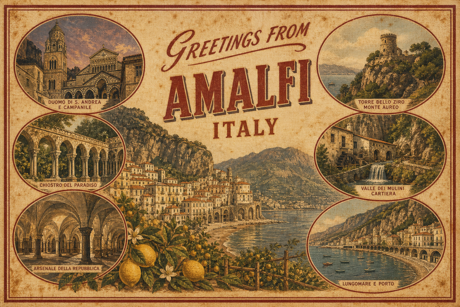 Vintage postcard of Amalfi, Italy, with central town scene and six circular vignettes of landmarks labeled around the edges.