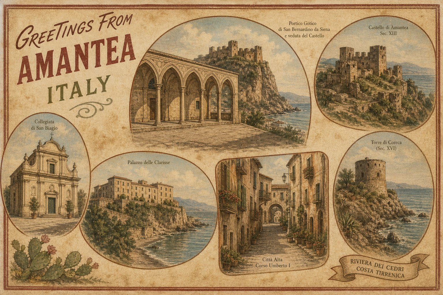 Vintage postcard view of Amantea, Italy with labeled landmarks and seaside scenes in oval insets.
