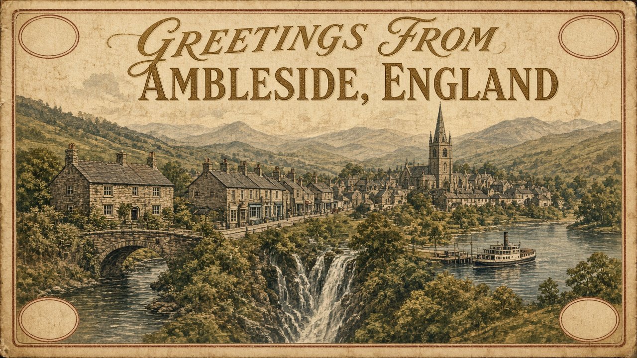 ambleside-England-postcard - The Travel Bloggers Vintage postcard of Ambleside, England: riverside town with a stone bridge, waterfall, row of houses, and a church spire set among hills...