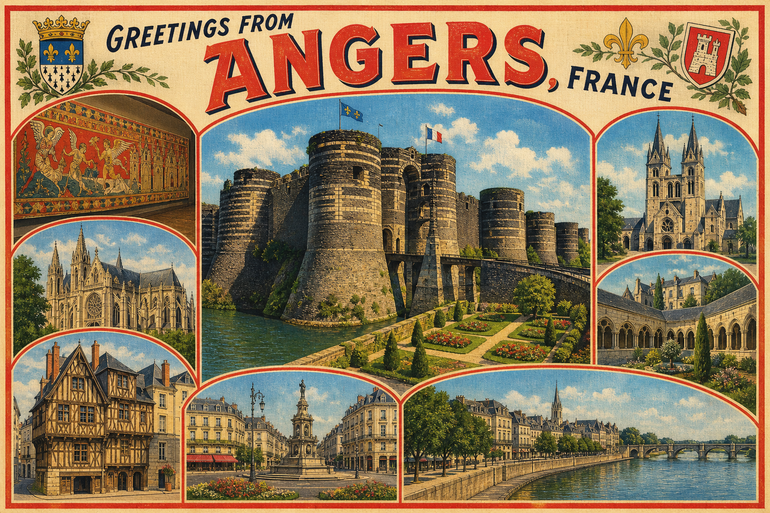 angers-France-postcard - The Travel Bloggers Vintage postcard titled 'Greetings from Angers, France' featuring a collage of landmarks: the Château d'Angers on the river, a Gothic cathedral, half-timbered houses, a town square with statue, a cloister, and a bridge along a river.