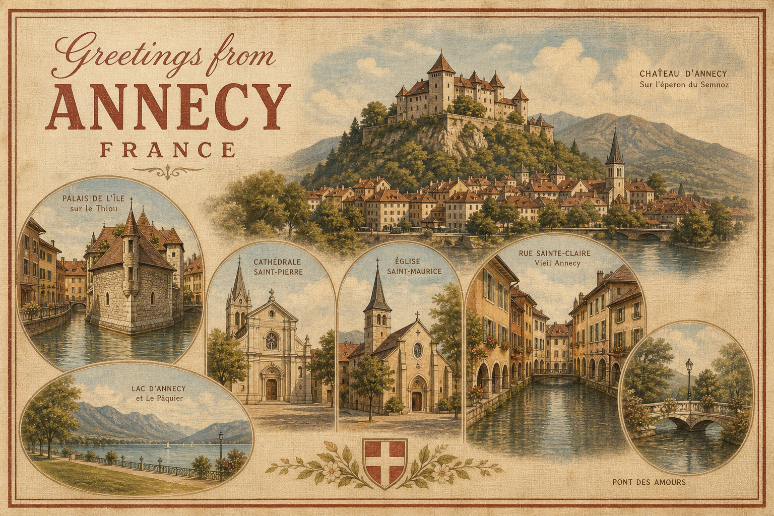 annecy-France-postcard - The Travel Bloggers Vintage postcard of Annecy, France, with illustrations and labeled circular insets of landmarks around a central lakeside cityscape.