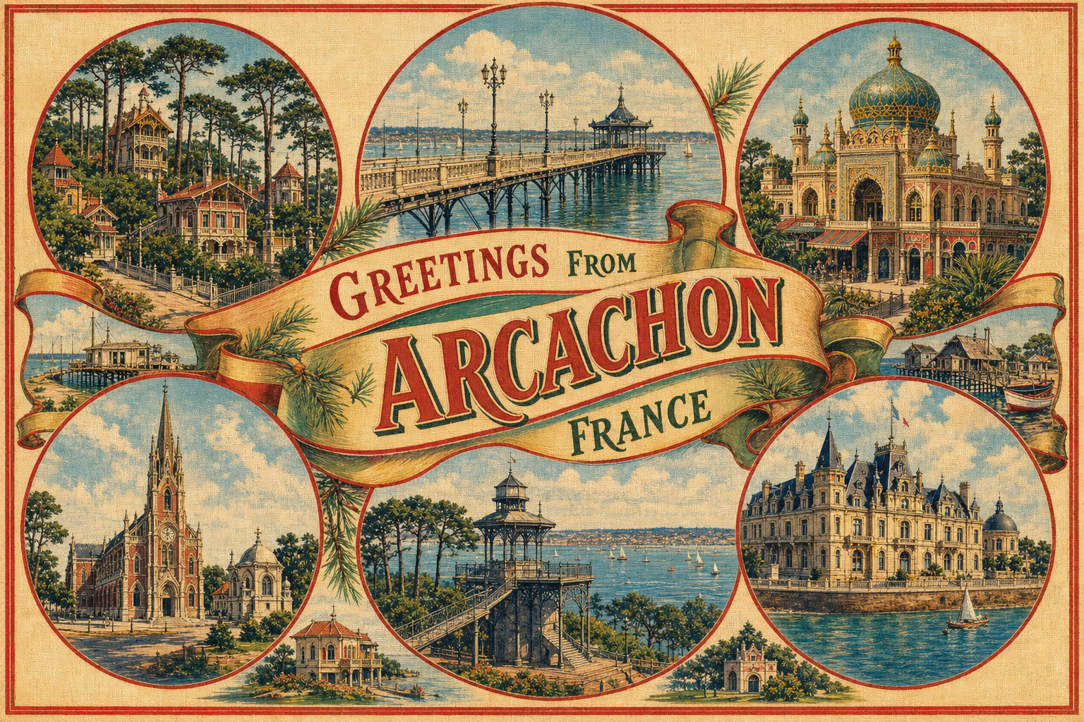 arcachon-France-postcard - The Travel Bloggers Vintage postcard collage for Arcachon, France, with six round scenes around a ribbon reading 'Greetings from Arcachon, France,' showing seaside pier, beach huts, a domed ornate building, a Gothic church, a coastal chateau, and harbor views.