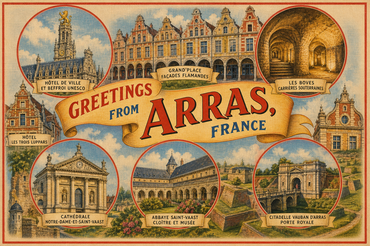 Vintage postcard collage of Arras landmarks, including Hôtel de Ville and Grand'Place, with 'Greetings from Arras, France' banner.