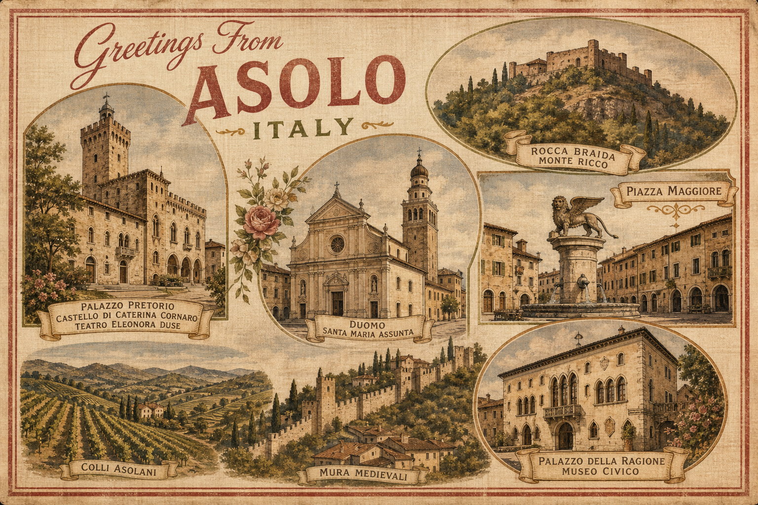 Vintage postcard collage greeting from Asolo, Italy featuring Palazzo Pretorio, Duomo Santa Maria Assunta, Rocca Braida Monte Ricco, Piazza Maggiore, Mura Medievali, Coli Asolani vineyard, and Palazzo della Ragione.