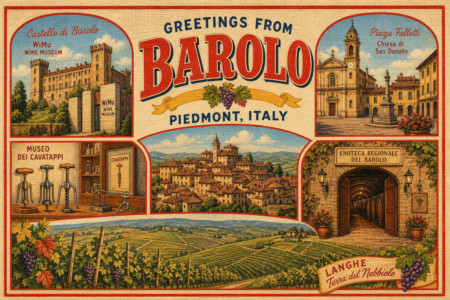 Vintage travel poster for Barolo, Piedmont, Italy, with Castello di Barolo, Piazza Falletti and Chiesa di San Donato, Enoteca del Barolo, a wine vineyard, and hillside village views.