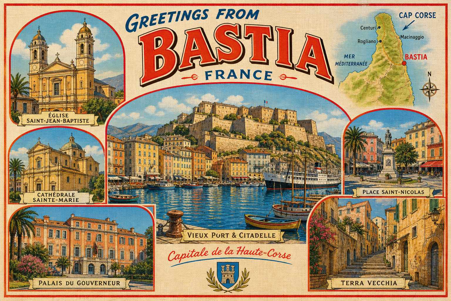 Vintage Bastia postcard with harbor and citadel, plus insets of Église Saint-Jean-Baptiste, Cathédrale Sainte-Marie, Palais du Gouverneur, Place Saint-Nicolas, Terra Vecchia, and a Cap Corse map.