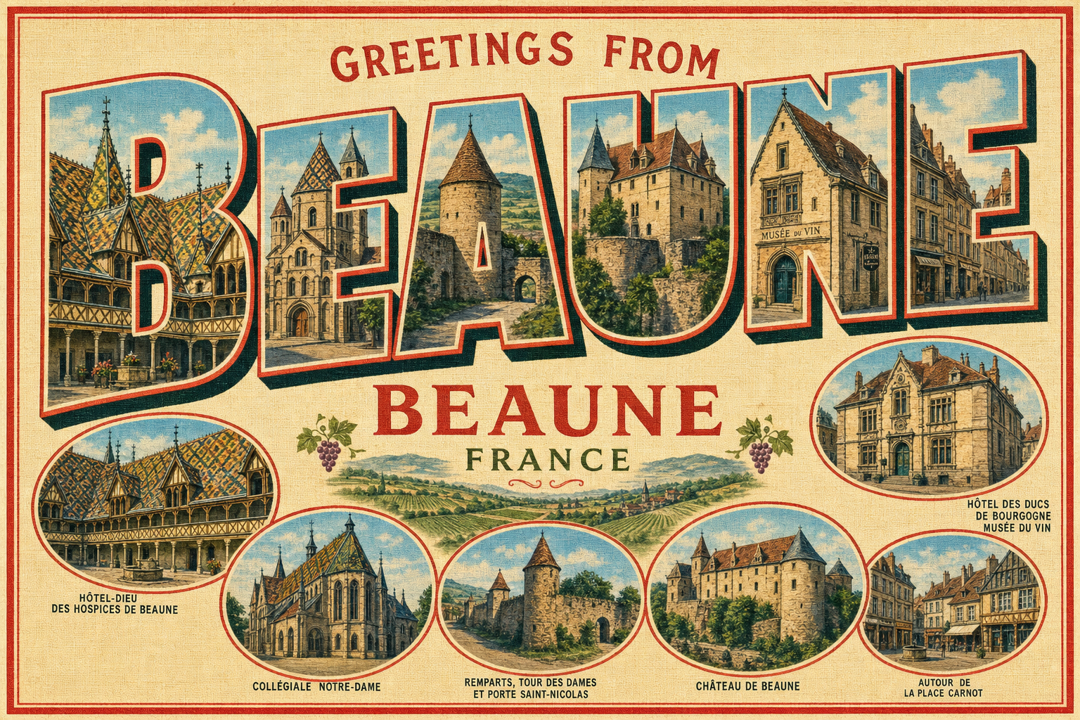 Vintage postcard-style image reading 'Greetings from Beaune, France' with large BEAUNE letters filled with town scenes and circular insets of landmarks inside red frames?
