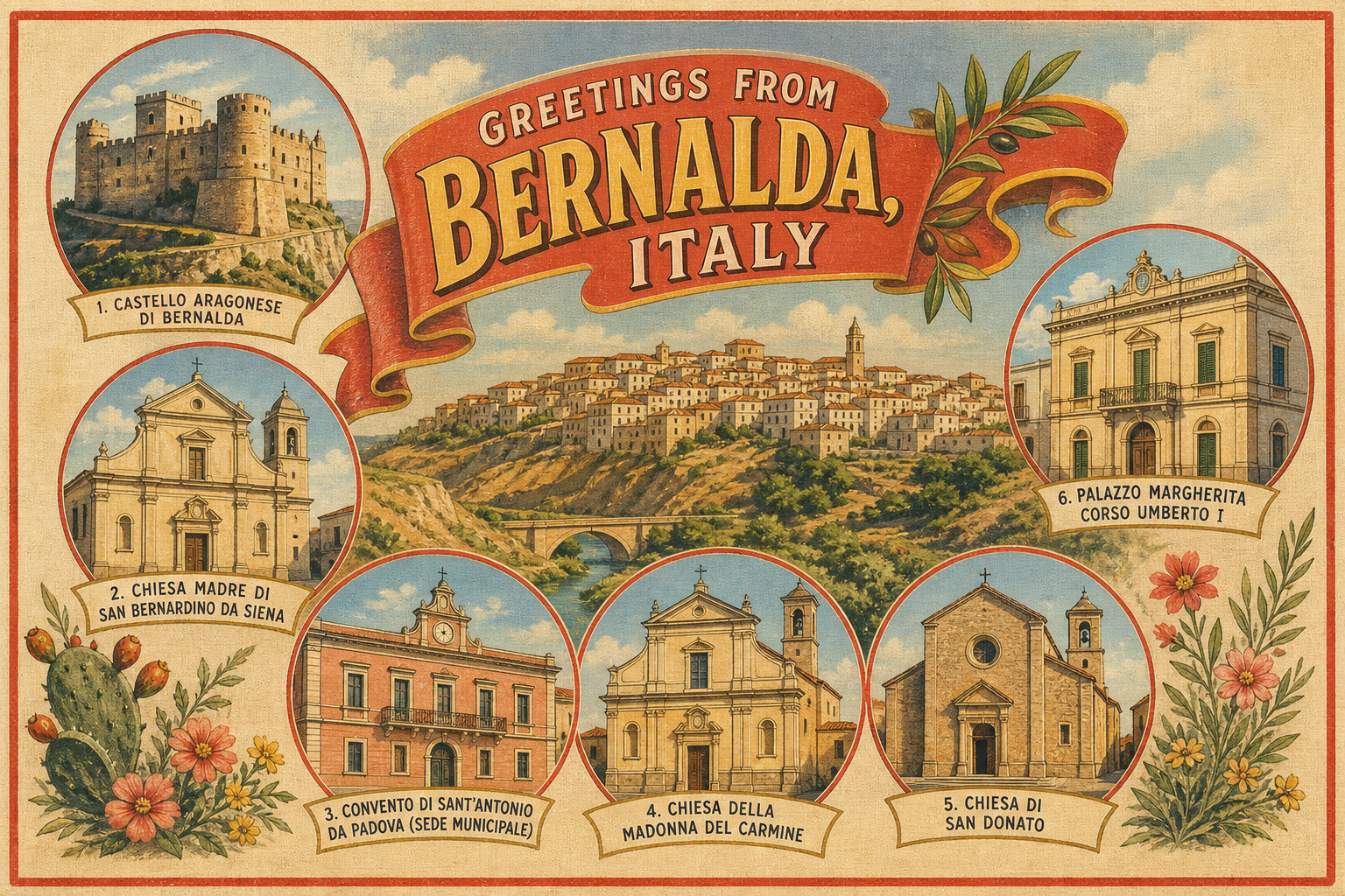 Vintage Bernalda postcard showing the hillside town with six circular insets of key landmarks (castle, churches, convent, palazzo) and floral borders.