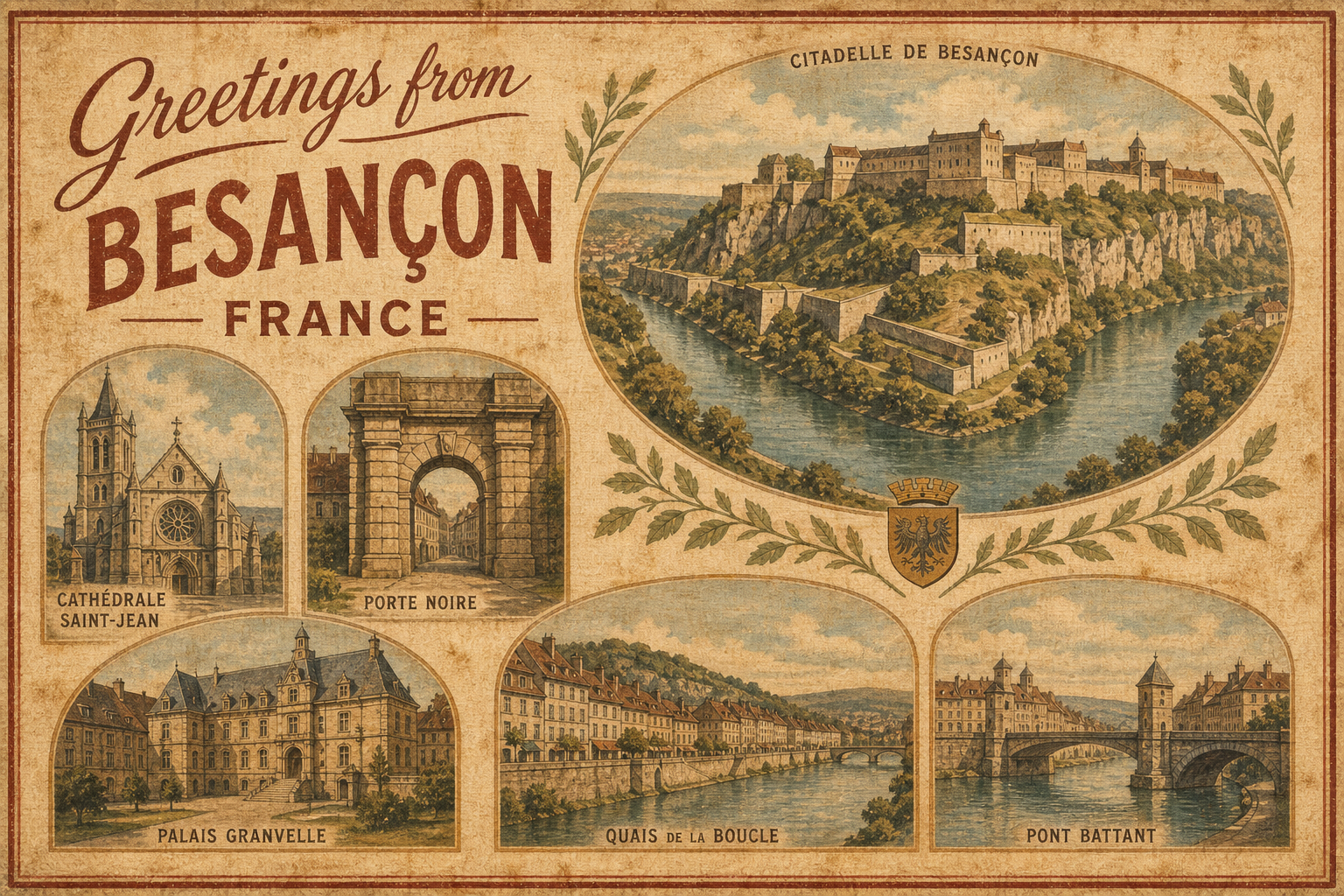 besancon-France-postcard - The Travel Bloggers Vintage postcard-style illustration of Besançon, France, showing the Citadelle overlook and labeled landmarks (Cathédrale Saint-Jean, Porte Noire, Palais Granvelle, Quais de la Boucle, Pont Battant).