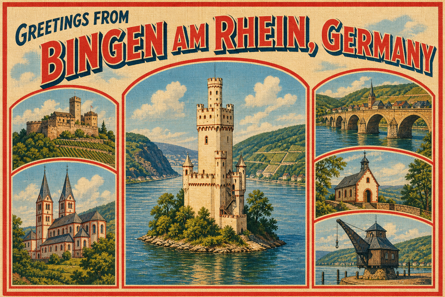 Postcard-style travel poster promoting Bingen am Rhein, Germany, featuring a central castle island and scenic river valleys with surrounding arches of images.