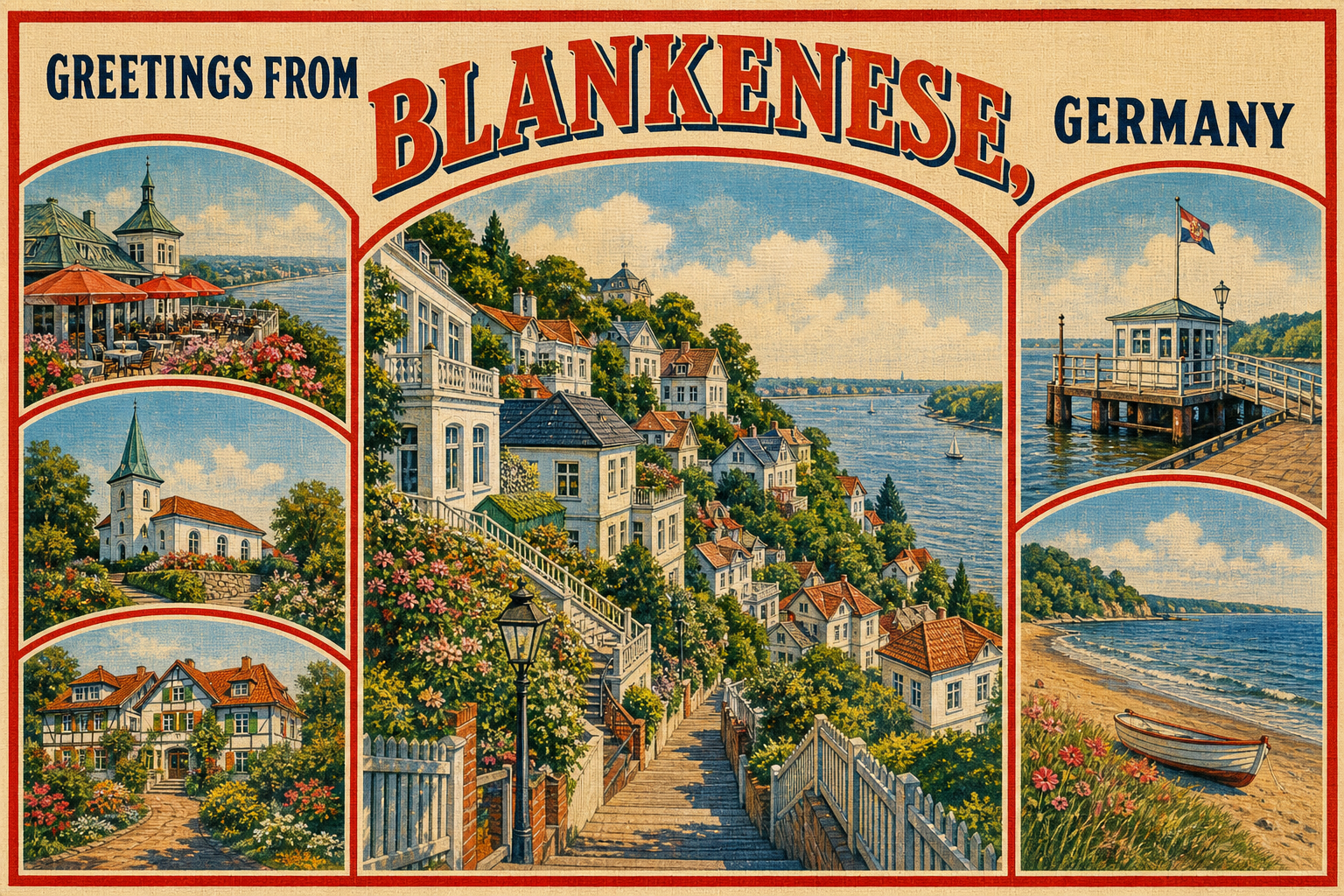 Vintage postcard collage of Blankenese, Germany, with seaside houses, gardens, church, harbor, and beach scenes.
