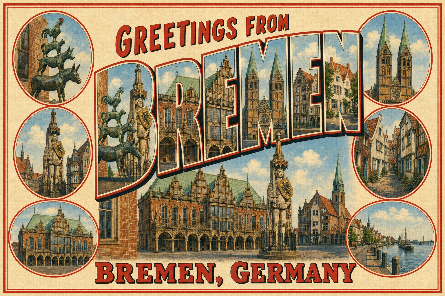 bremen-Germany-postcard - The Travel Bloggers Vintage Bremen postcard: large 'Greetings from Bremen, Germany' letters filled with city scenes and circular portraits of statues and storefronts under a beige background.