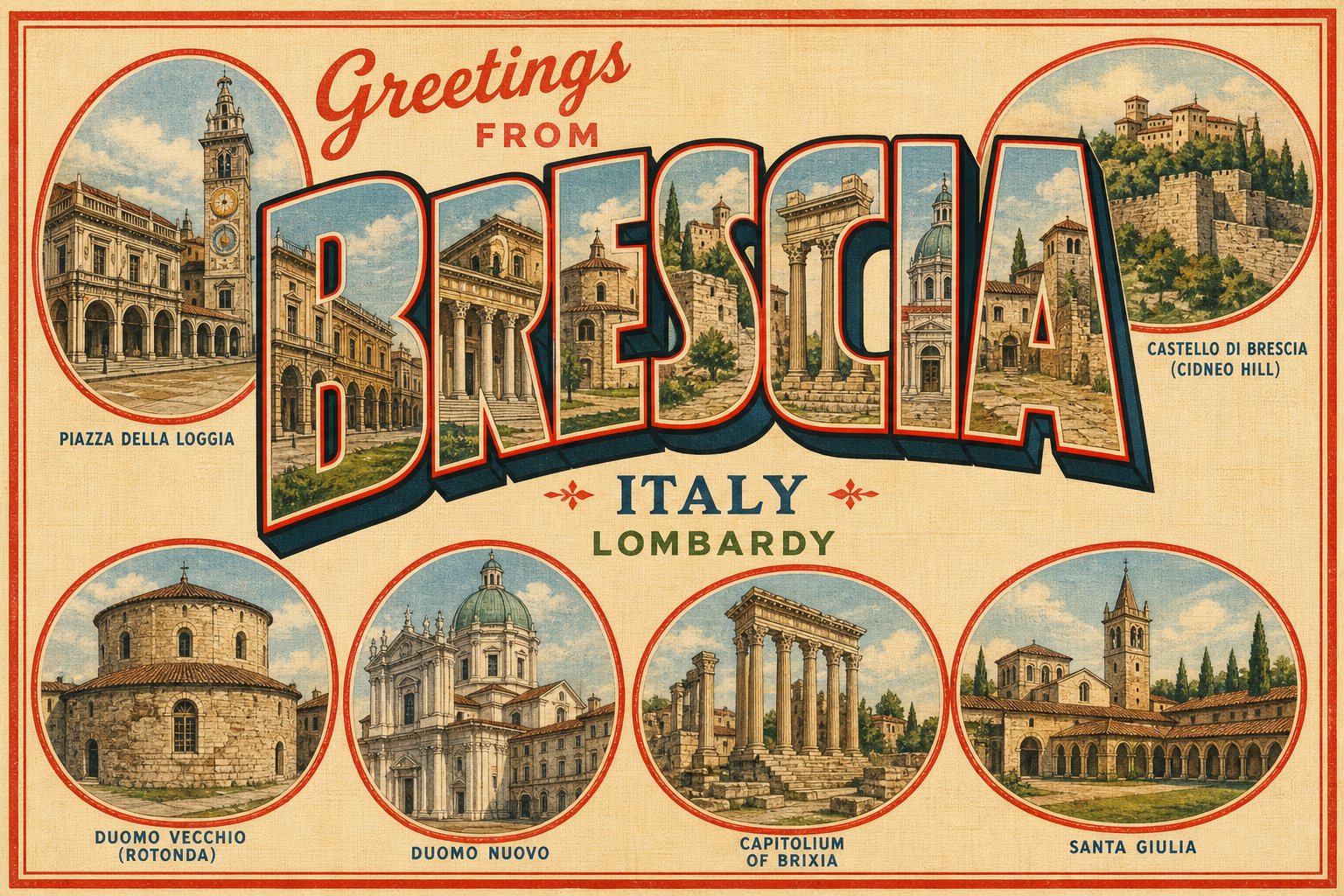 brescia-Italy-postcard - The Travel Bloggers Vintage postcard promoting Padova, Italy, with circular vignettes of Piazza della Loggia, Castello di Brescia, Duomo Vecchio, Duomo Nuovo, Capitolium of Brescia and Santa Giulia.