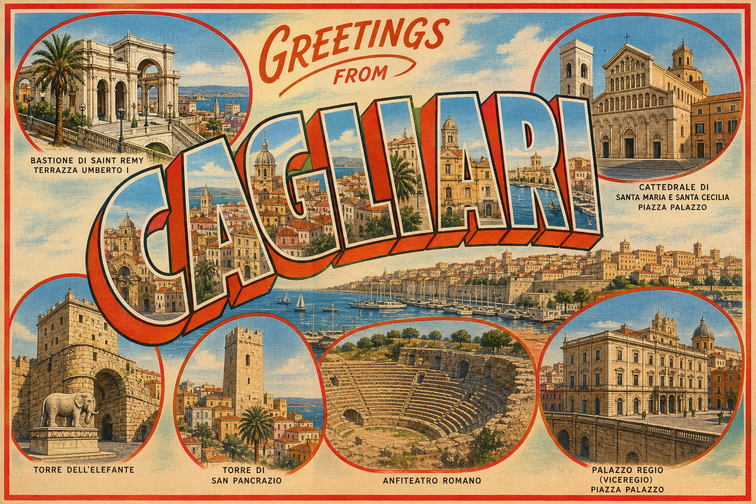 Vintage postcard showing Cagliari landmarks—Bastione di Saint Remy, towers, amphitheater, cathedral, and Palazzo Regio—under 'Greetings from Cagliari'.