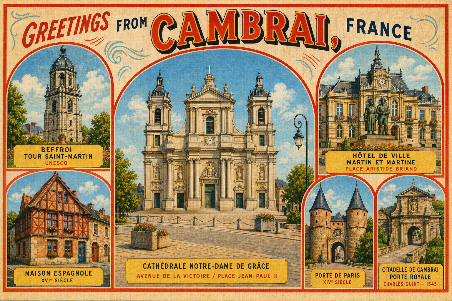 cambrai-France-postcard - The Travel Bloggers Vintage postcard collage of Cambrai, France, featuring Notre-Dame de Grâce cathedral center and surrounding landmarks. - Cathédrale Notre-Dame de Grâce - Beffroi Tour Saint-Martin - Hôtel de Ville et Martine statue - Maison Espagnole and Porte de Paris gates (XVI–XIV centuries)