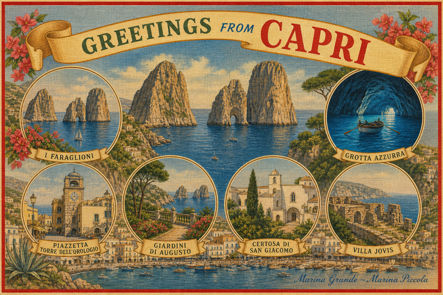 capri-Italy-postcard - The Travel Bloggers Vintage Capri postcard highlighting major sights: Faraglioni rocks, Grotta Azzurra, Piazzetta Torre dell’Orologio, Giardini di Augusto, Certosa di San Giacomo, Villa Jovis.