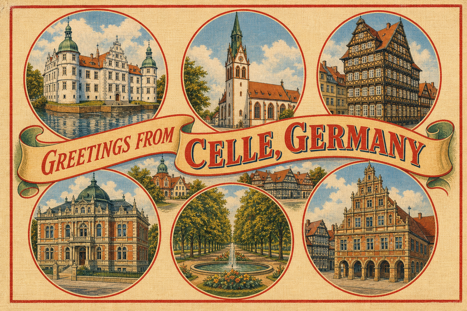 celle-Germany-postcard - The Travel Bloggers Vintage postcard collage showing landmarks of Celle, Germany, in circular scenes around a central banner reading ‘Greetings from Celle, Germany’.