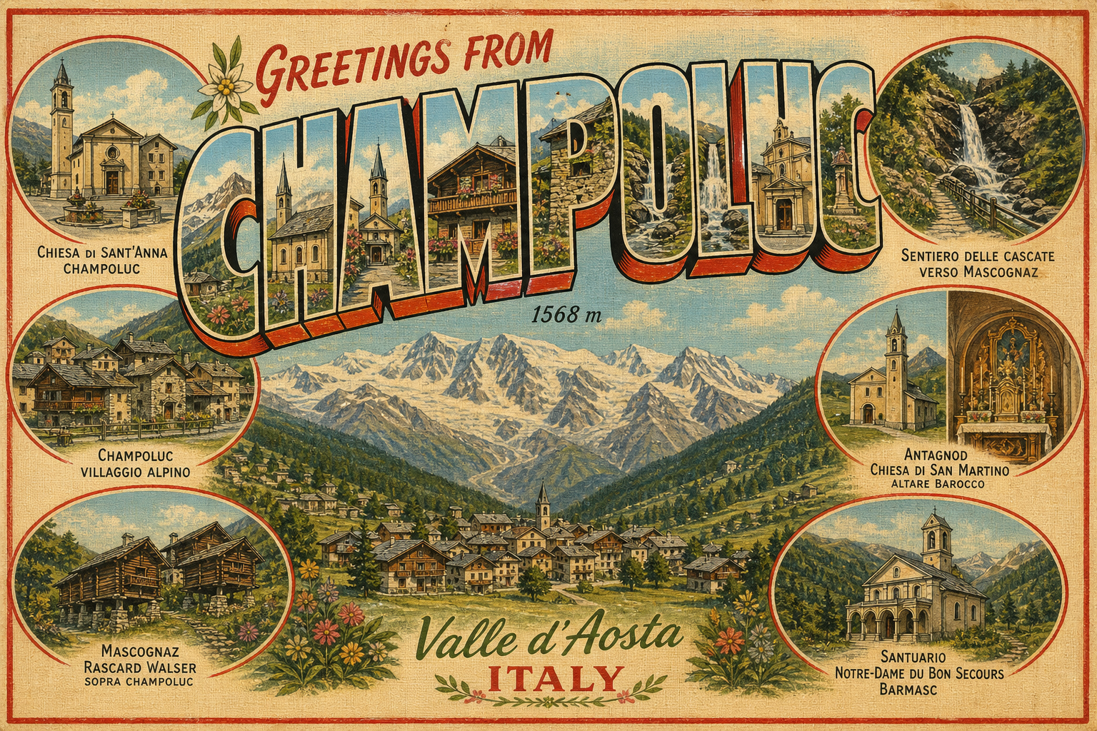 champoluc-Italy-postcard - The Travel Bloggers Vintage postcard-style collage greeting from Champoluc, Valle d'Aosta, Italy, showing multiple alpine landmarks and a central village scene.