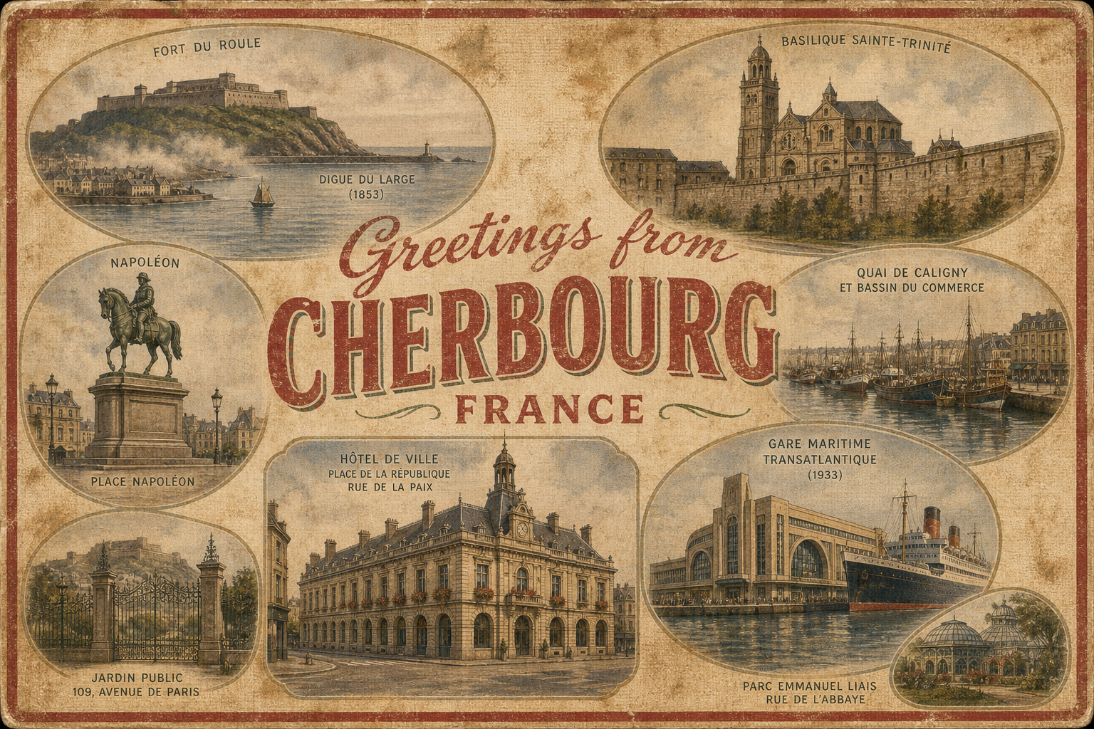 cherbourg-France-postcard - The Travel Bloggers Vintage Cherbourg postcard collage highlighting key sites — Fort du Roule, Basilique Sainte-Trinité, Napoléon statue, Hôtel de Ville, Gare Maritime Transatlantique and more, with 'Greetings from Cherbourg France' in the center.