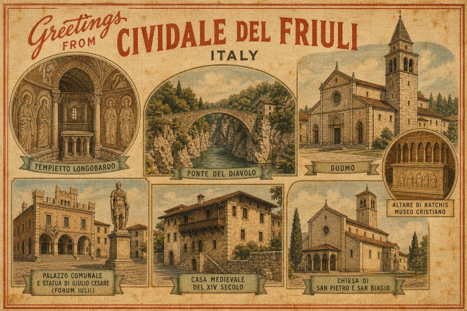 Vintage postcard collage of Cividale del Friuli’s landmarks: Tempietto Longobardo, Ponte del Diavolo, Duomo, Palazzo Comunale with Giulio Cesare statue, Casa Medievale del XIV Secolo, Chiesa di San Pietro e San Biagio, and Altare di Ratchis Museo Cristiano.