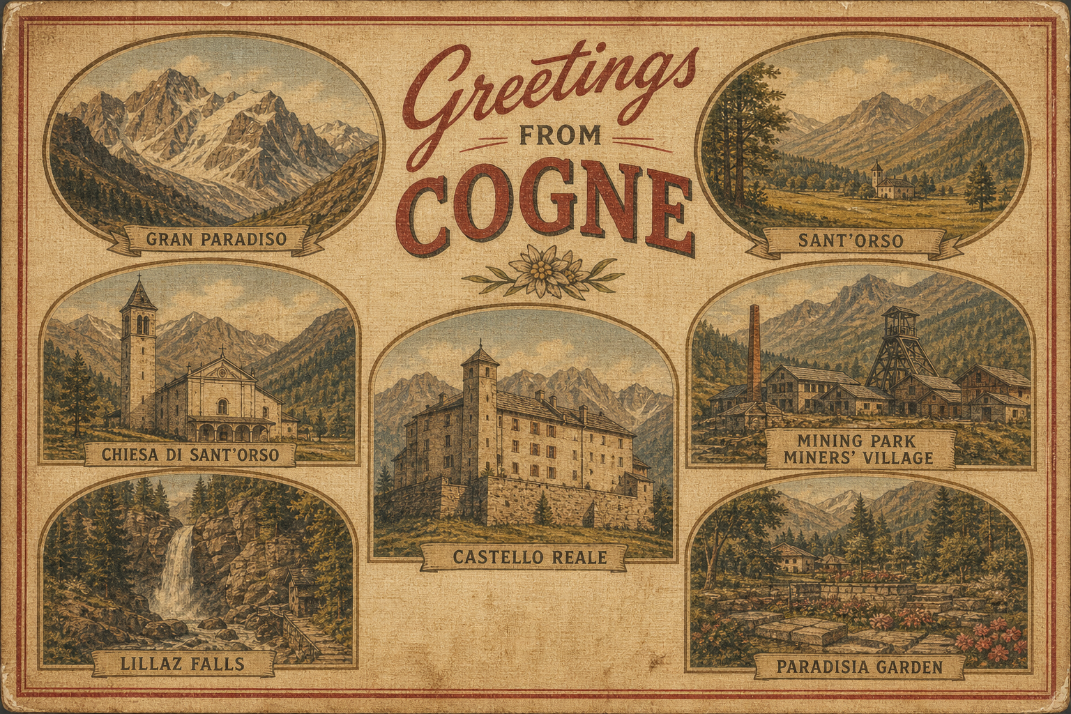 cogne-Italy-postcard - The Travel Bloggers Vintage postcard collage titled 'Greetings from Cogne' showcasing eight landmarks: Gran Paradiso, Sant'Orso, Chiesa di Sant'Orso, Castello Reale, Mining Park Miners' Village, Lillaz Falls, Paradisia Garden.