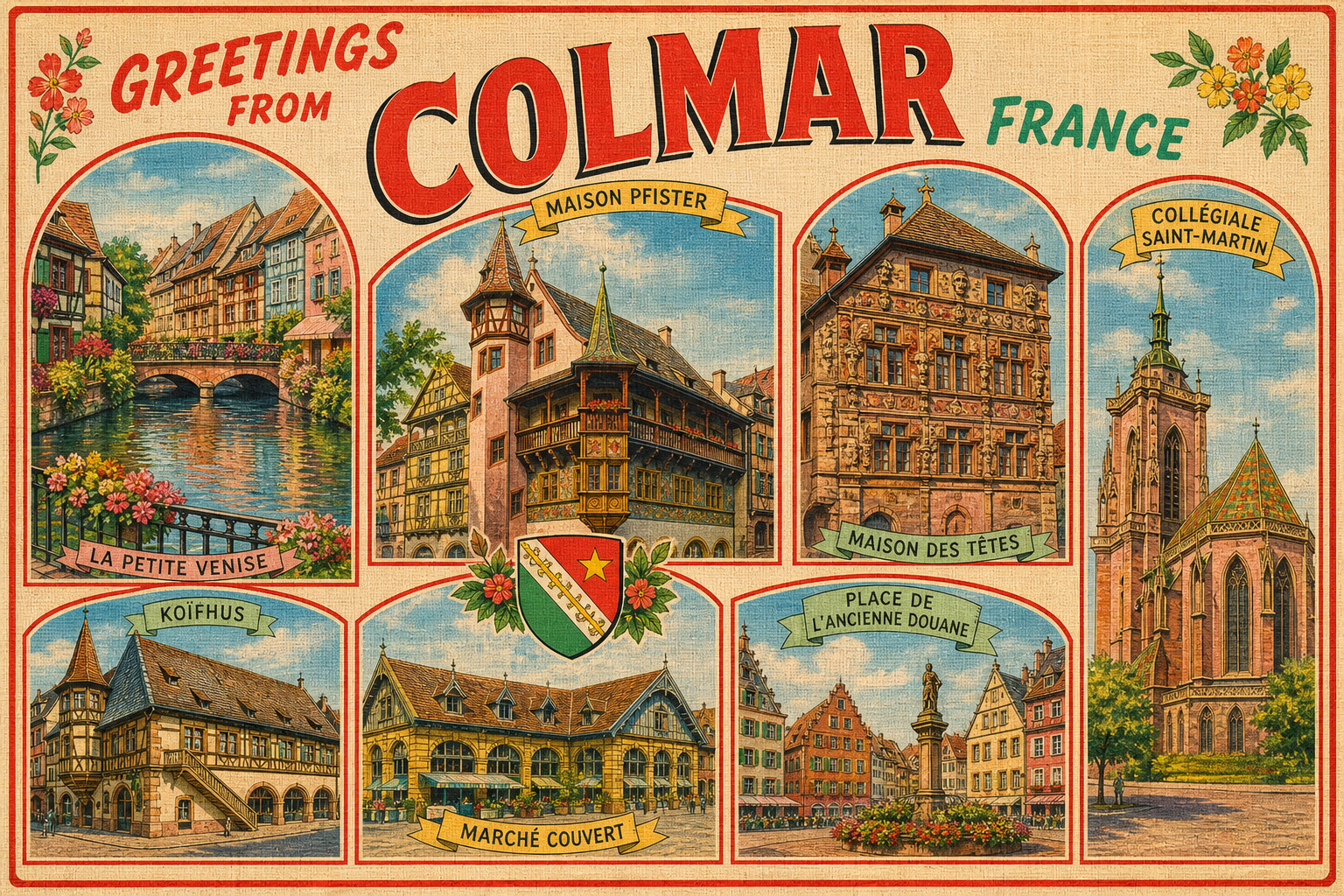 colmar-France-postcard - The Travel Bloggers Vintage postcard-style collage of Colmar’s landmarks with banners naming La Petite Venise, Maison Pfister, Maison des Têtes, Collégiale Saint-Martin, Koïfhus, Marché Couvert and Place de l’Ancienne Douane, plus decorative flowers and 'Greetings from Colmar, France' text.