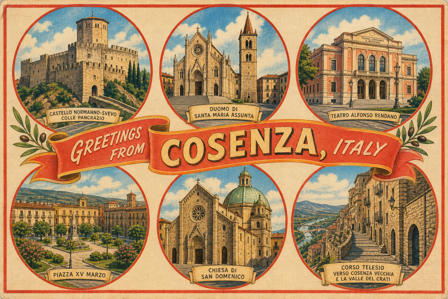 cosenza-Italy-postcard - The Travel Bloggers Six circular images of Cosenza landmarks around a red banner reading 'Greetings from Cosenza, Italy'.
