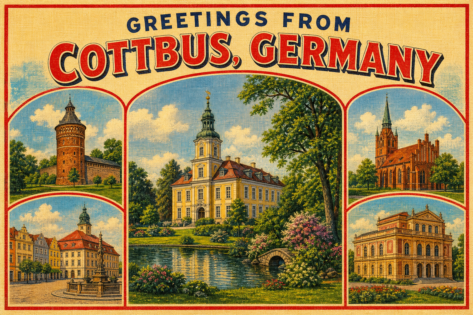 cottbus-Germany-postcard - The Travel Bloggers Vintage postcard greeting from Cottbus, Germany, showing a central lakeside estate surrounded by four landmark buildings.