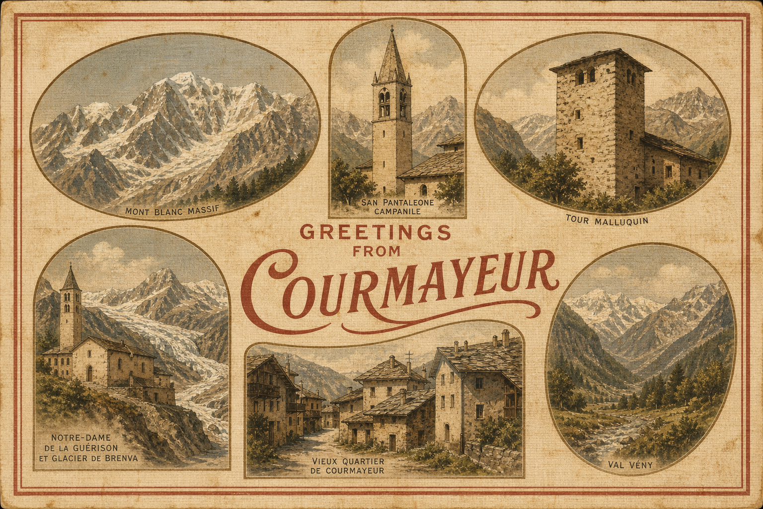 Vintage postcard collage of Courmayeur with six oval scenes of mountains, church tower, ancient village, and river valley, centered by 'Greetings from Courmayeur'.